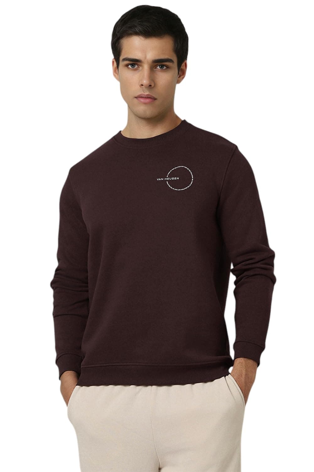 Van Heusen Men Brown Solid Crew Neck Sweatshirt