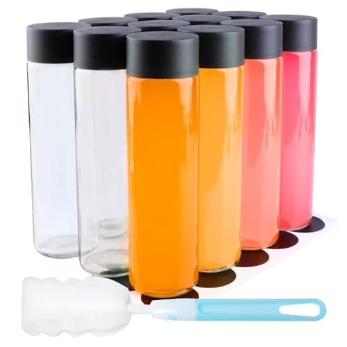 HWASHIN 12 Pack 16oz Glass Water Bottles, 500ml Empty Glass Drink Bottles with Black Lids, Brush & Labels, Clear Reusable Juice Bottles for Juicing, Homemade Smoothies, Beverages