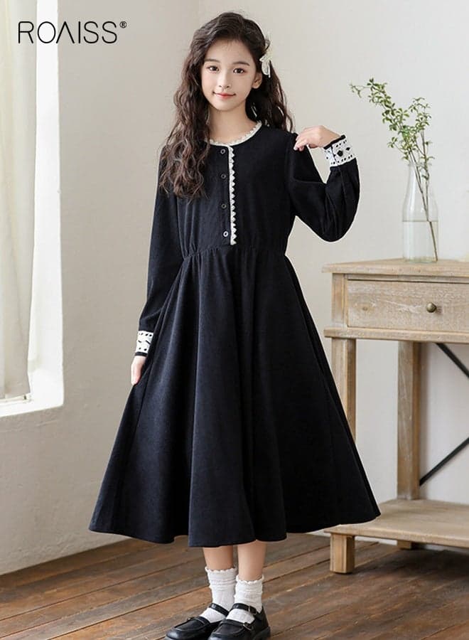 Girls Retro A Line Dress with Lace Collar, Elegant Stylish Princess Dress for Girls, Long Sleeve Button Down Frock, Suitable for Daily Wear or Any Occasion