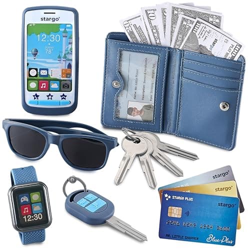 Play Wallet for Boys with Money and Pretend Play Toys, Cellphone, Smartwatch, Keys, Sunglasses, Toddler Wallet for Kids Ages 3 4 5 6 7 8 9 10 11 12 - Grown Up Pretend Play Set for Kids