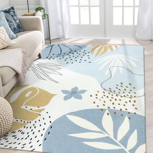 Lahome Boho Blue Area Rug for Living Room - 5x7 Rug Machine Washable Non-Slip Soft Bedroom Rugs Ultra-Thin Large Rug for Dining Room, Botanical Print Indoor Modern Rug for Classroom Nursery Office