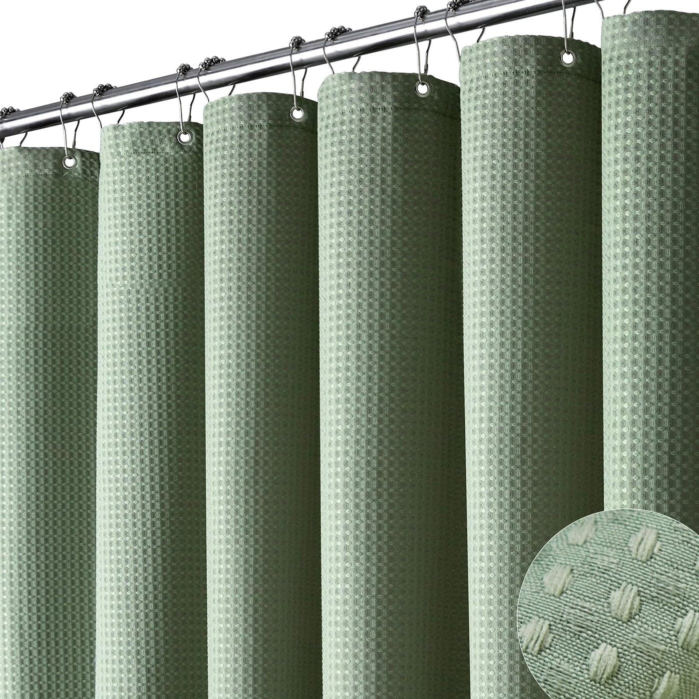 Dynamene Stall Fabric Shower Curtain 36x72 Waffle Weave Weighted Cloth Shower Curtains for Bathroom Neutral Heavy Duty Hotel Spa Luxury Bath Curtain Set with 6 Plastic HooksSage Green
