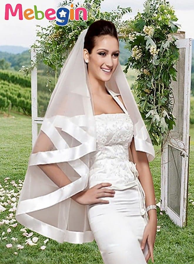 Simple Elegant Bridal Veil with Metal Tooth Comb, Women's Mid Length 2 Tier Ribbon Edge Wedding Veil, Classic High-Quality Bridal Veil, Easy to Wear and Be Stored, No Awful Odor, 60-80CM