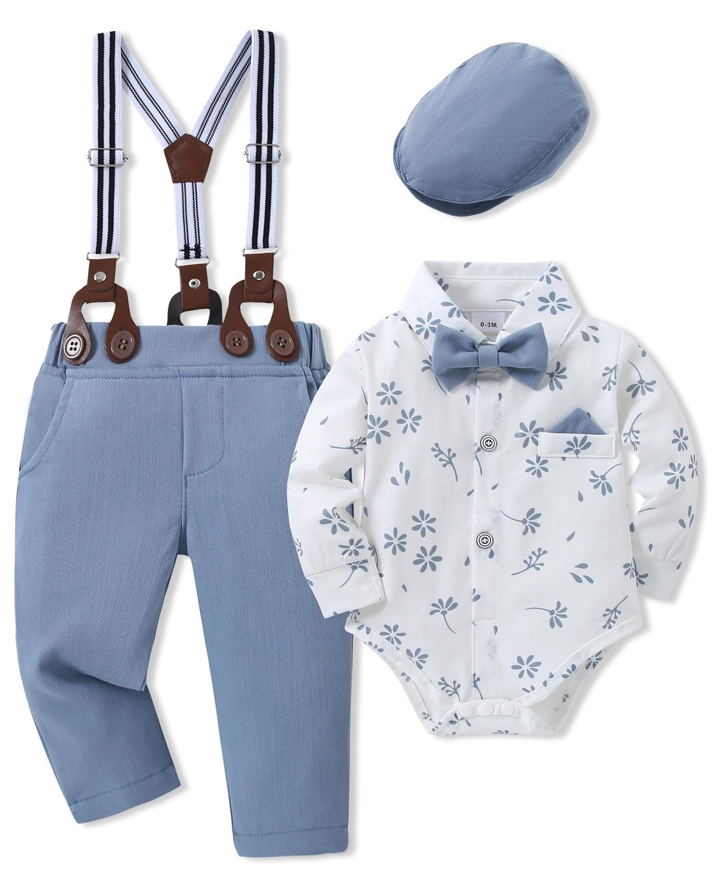 SANMIO Baby Boy Clothes Suit 3-6 Months Boys Baptism Easter Outfits Baby Shirt+Bow Tie+Pants+Suspenders 4Pcs Christmas Wedding Clothing Set (New Sky Blue, 3-6 Months)
