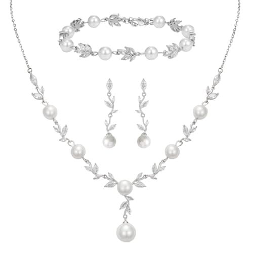 SWEETV Wedding Jewelry Set for Bride Women, Silver Cubic Zirconia Pearl Bridal Earrings Necklace Bracelet Set, Bridal Jewelry Set for Wedding Prom