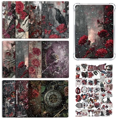 Rngmsi Insert Cardstock for Clear Case 12Pcs Dark Romance Cardstock Inserts Compatible with Kindle Paperwhite 11th12th 50Pcs Rose Skeleton Stickers for EReader Clear Back Cover Accessories