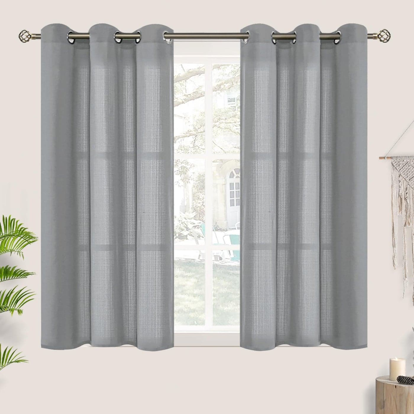 BGment Grey Short Linen Sheer Curtains for Office Grommet Semi Sheer Light Filtering Casual Textured Privacy Curtains for BedroomLiving Room 2 Panels Each 42 x 45 Inch Grey