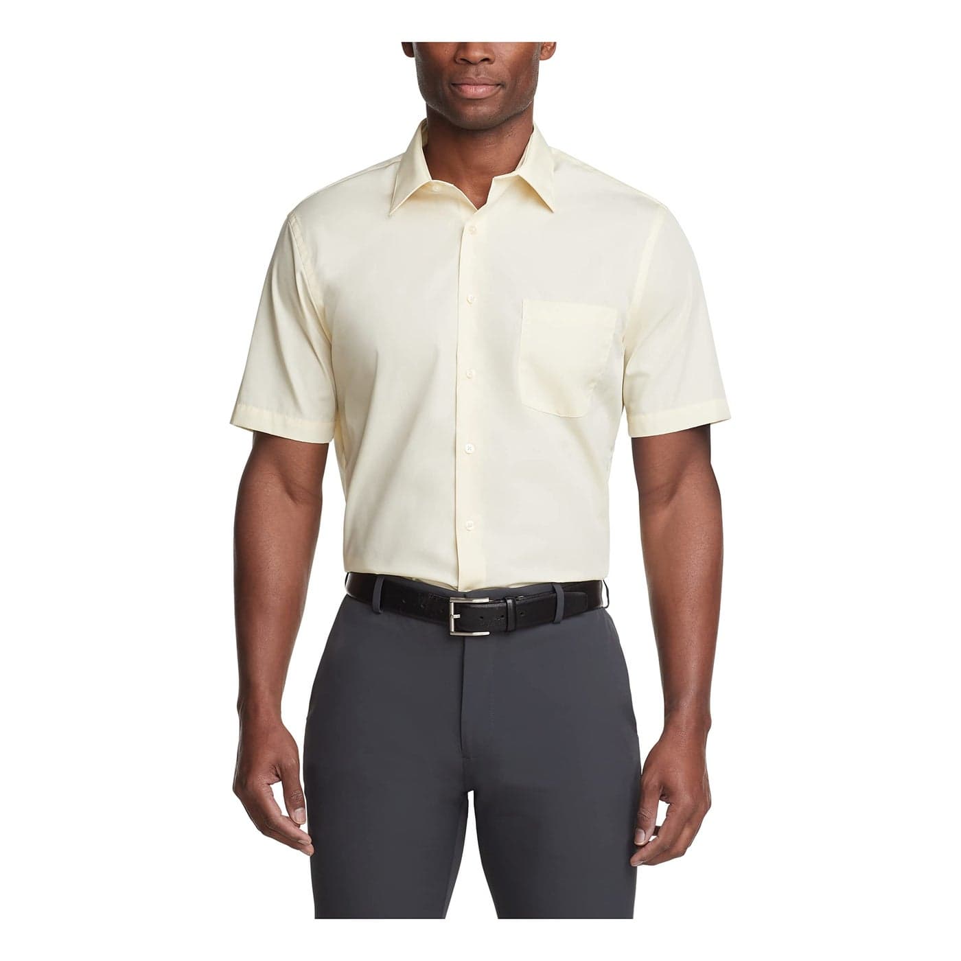 Van Heusen Men's Short Sleeve Dress Shirt Regular Fit Poplin Solid, Lemon Glaze, 18" Neck