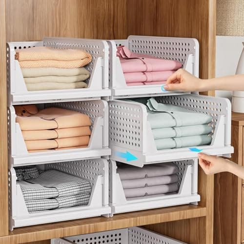 TEKCOOL Plastic Wardrobe Organizer For Storage,Clothes,Cupboard Organizer,Foldable Shirt Stacker Box,Cloth Box for Almirah,Closet Storage Basket,Pack of 4.,White