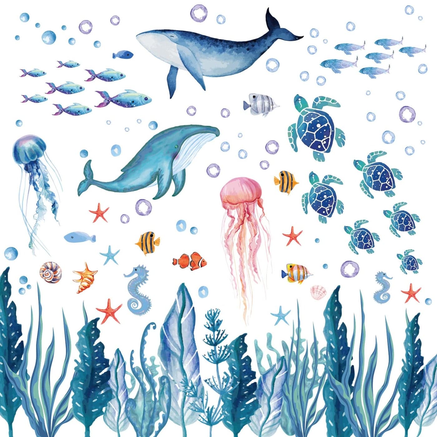 Whaline 143 Pieces Ocean Wall Decals Watercolor Under The Sea Wild Life Animals Wall Stickers Waterproof Peel and Stick Removable Murals for DIY Nursery Bedroom Living Room Bathroom Wall Art Decor