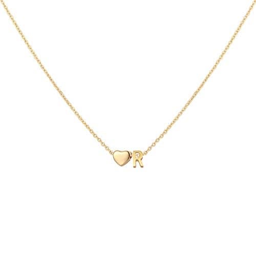 Glimmerst Initial Heart Necklace 18K Gold Plated Stainless Steel Tiny Heart Letter R Necklace Personalized Monogram Name Necklace for Women