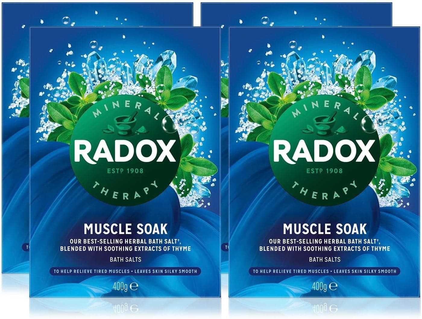 Radox Muscle Soak Bath Therapy Thyme Scented Herbal Bath Salt with expertly Blended Herbs and Minerals to Soothe and soak Your Tired and Aching Muscles 400g Multi Buy 4 Pack