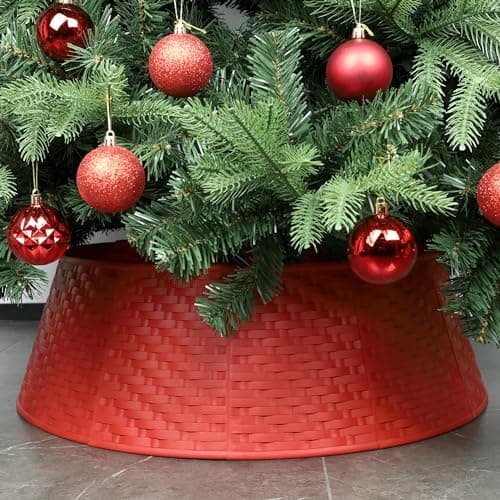 Blissun Christmas Tree Collar, 28.7" D Round Plastic Christmas Tree Ring, Christmas Tree Skirt for Artificial Christmas Trees Decoration (Red)