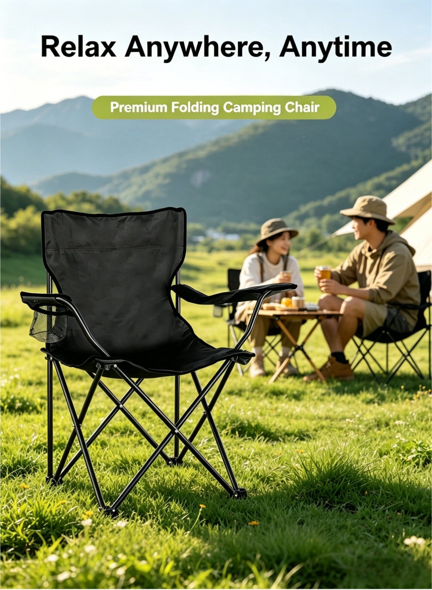 Premium Folding Camping Chair, Portable Outdoor Chair with Cup Holder, Armrests & Carry Bag, Heavy Duty Steel Frame, Comfortable Fabric, Ideal for Camping, Fishing, Picnic, Beach, Garden & BBQ