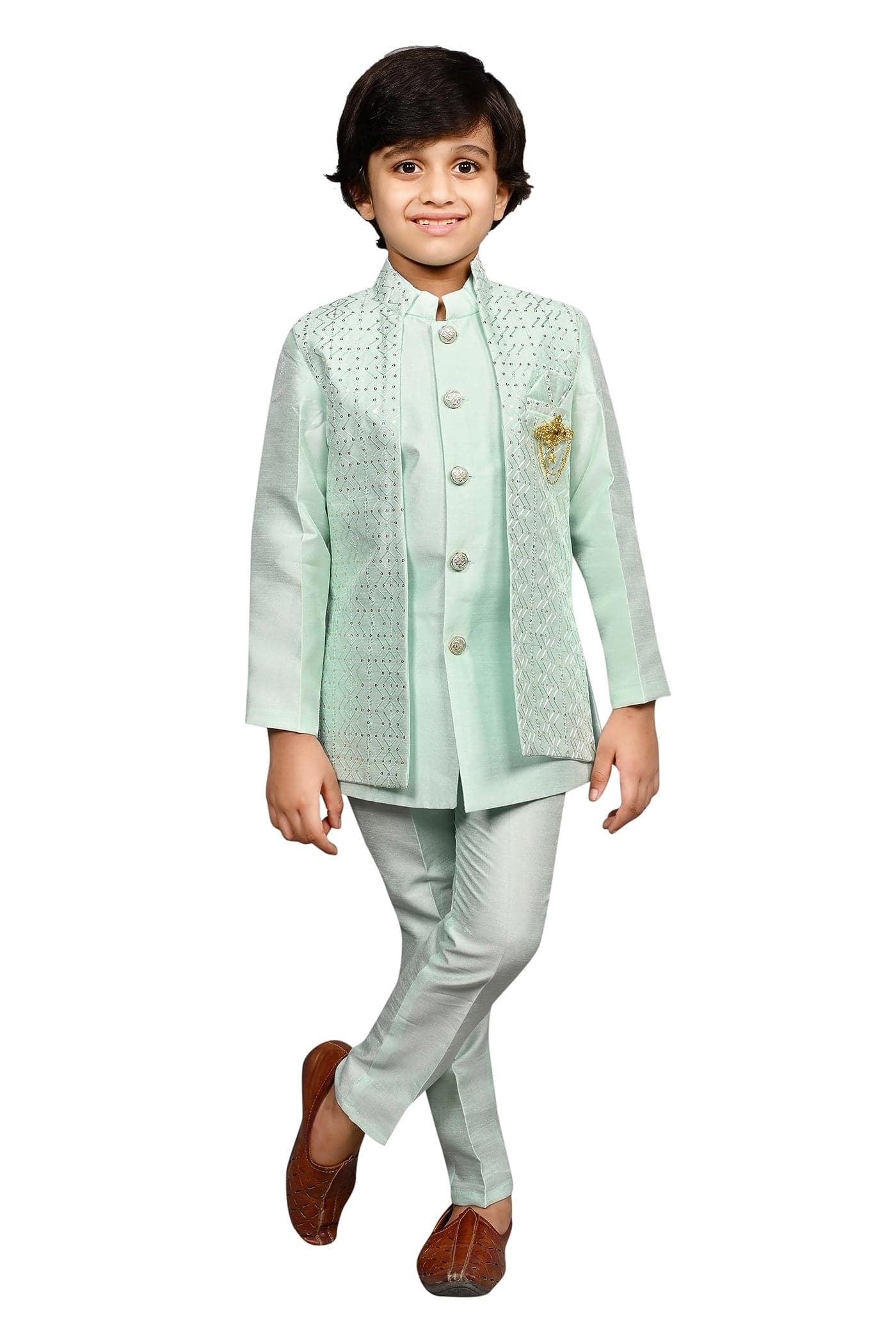 Ahaaaa Kids Ethnic Silk Blend Bollywood Style Sherwani Waistcoat Kurta and Pyjama Set for Boys 526MF |Turquoise 6-7 Years, 526|