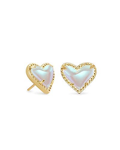 Kendra Scott Ari Heart Stud Earrings for Women, Fashion Jewelry, 14k Gold-plated, Iridescent Dichroic Glass