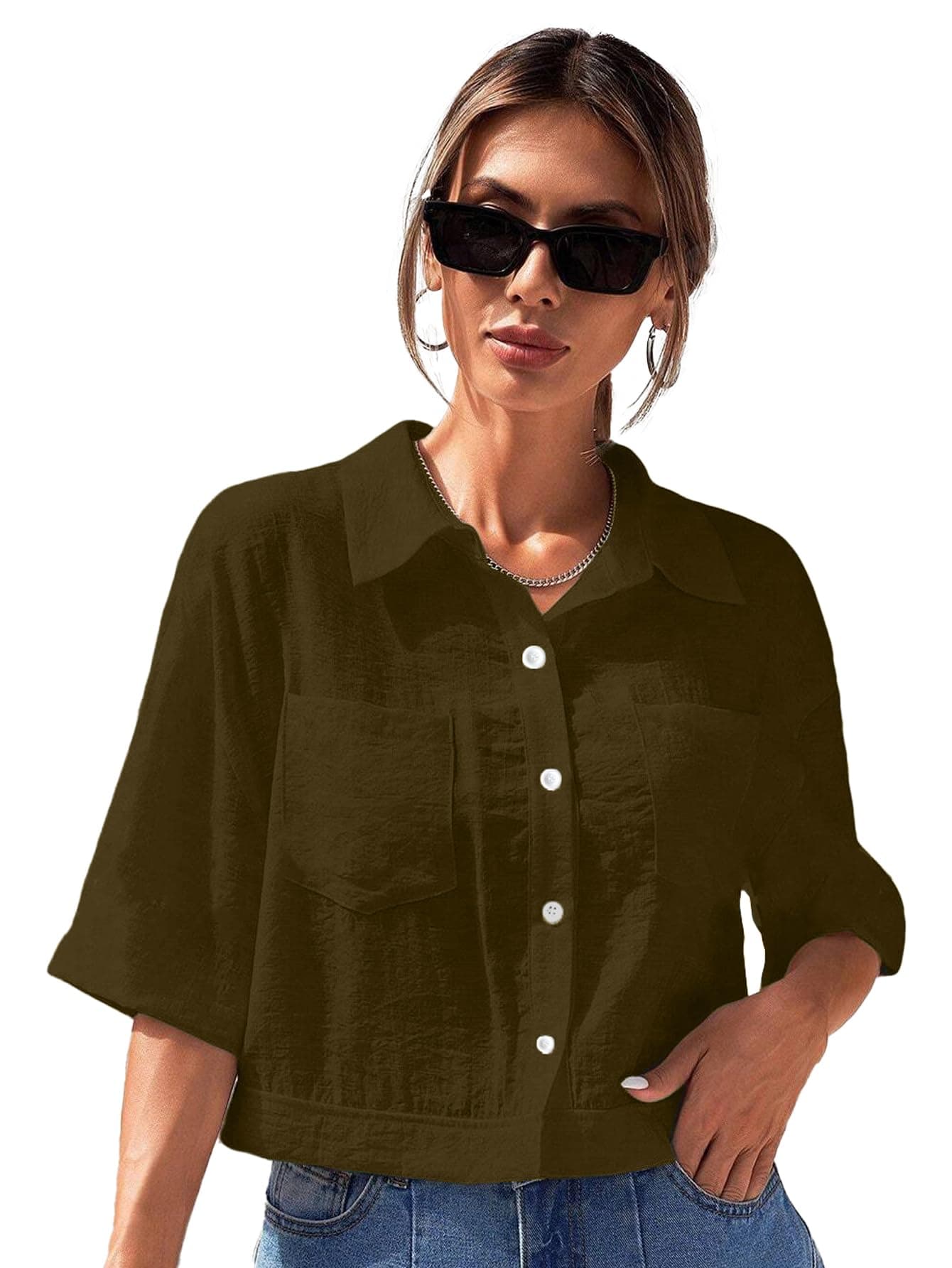 TOPLOT Shirt for Women || V-Collar Solid Crop for Woman || Half Sleeves for Women || Oversized Shirt for Woman