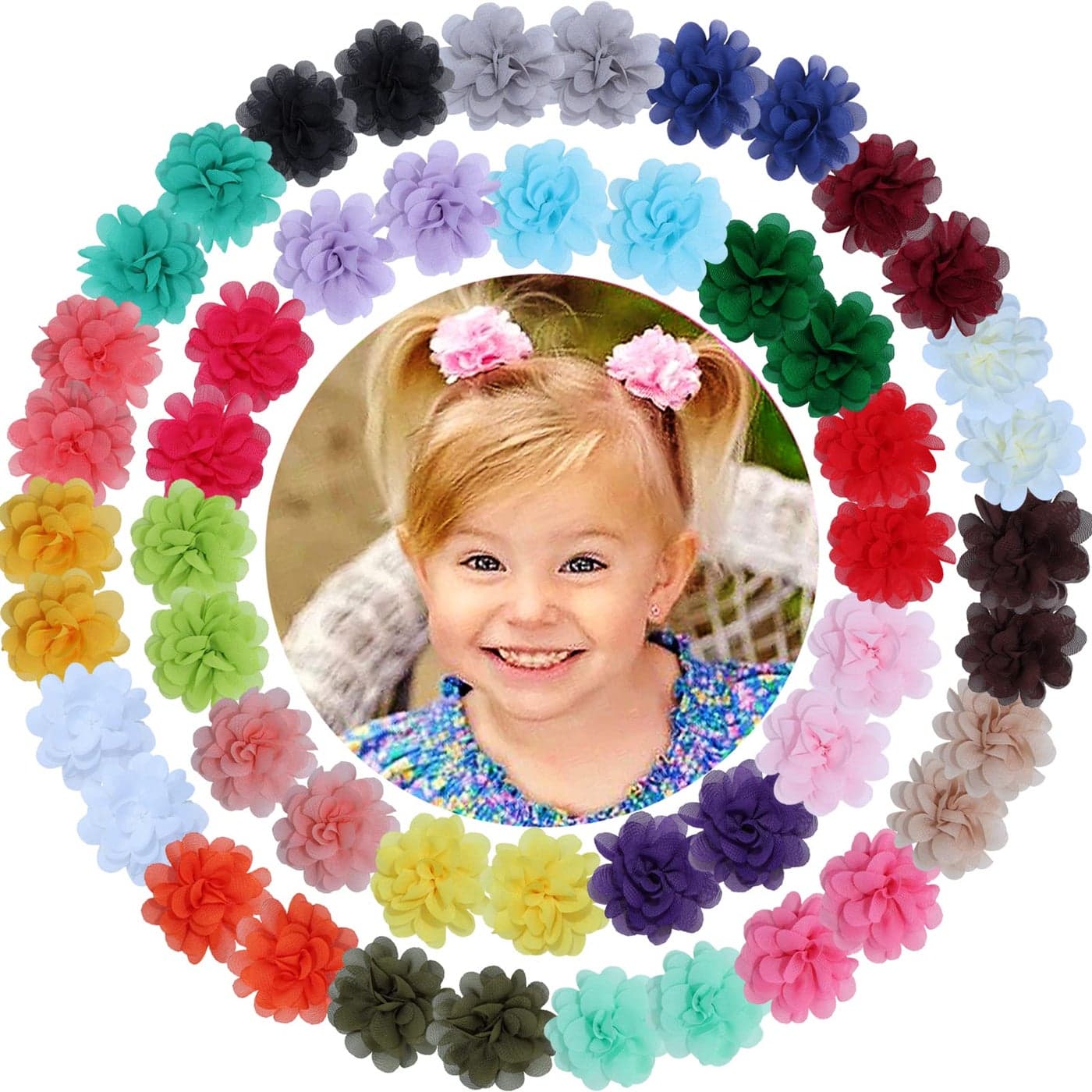 WillingTee 50pcs 2 Chiffon Flower Hair Bows Tiny Clips for Girls Fully Lined Non Slip Baby Clips Hair Accessories for Baby Girls Newborns Infants Toddlers 25 Colors in Pairs