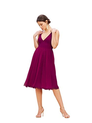 Dress the Population Womens Alicia Sleeveless Plunging Fit and Flare Midi, Dark Magenta, X-Large US