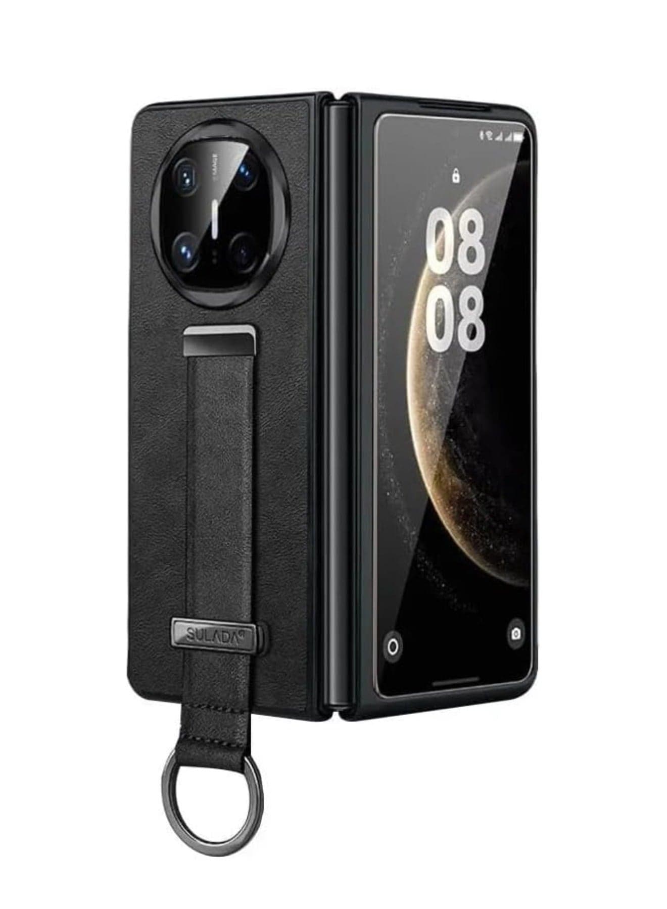 Compatible with Huawei Mate X6 Case with Stand Hand Strap Holder, Slim PU Leather Shockproof Phone Cover Premium Hard PC Protective Case for Mate X6 (Black)