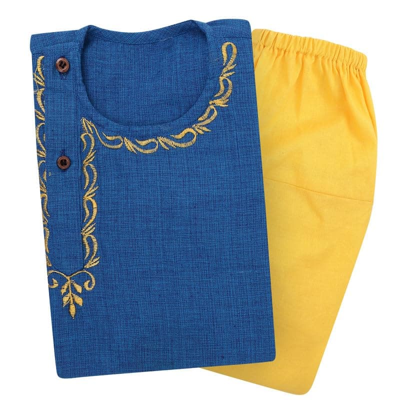 superminis Baby Boys Handloom Cotton Kurta With Embroidery Around the Neck And Contrast Color Dhoti (4-5 Years, Blue)