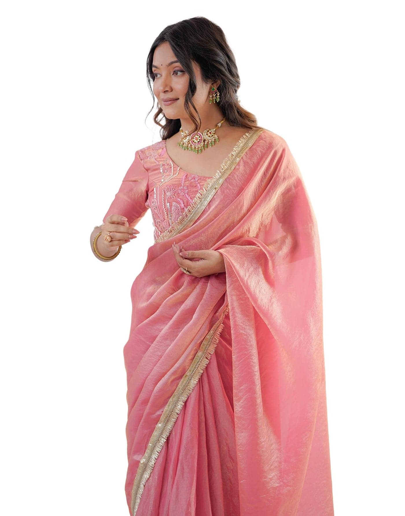 SIRIL Women's Ready To Wear Saree For Women Shimmer Tissue Readymade Stiched Gota Lace Saree With Sequence Embroidered Gota Lace Unstitched Blouse Piece (89RS101_Coral Pink)