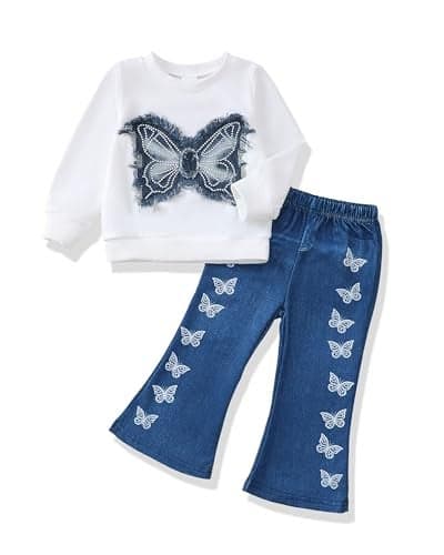 Renotemy 18 Months Girl Clothes Baby Girls Outfit Fall Winter 2T Girl Clothes White Butterfly Sweatshirt Bell Bottom Pants Flare Faux Jeans 2 Piece Outfits Gifts 18-24 Months Clothing Set