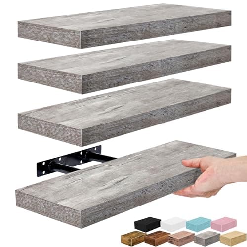 Sorbus Floating Shelves for Wall – 16 Inch Floating Shelf for Kitchen, Bedroom, Living Room, Bathroom, Home & Wall Decor - Mounted Bathroom Shelves with Invisible Brackets (Grey, 4 Pack)