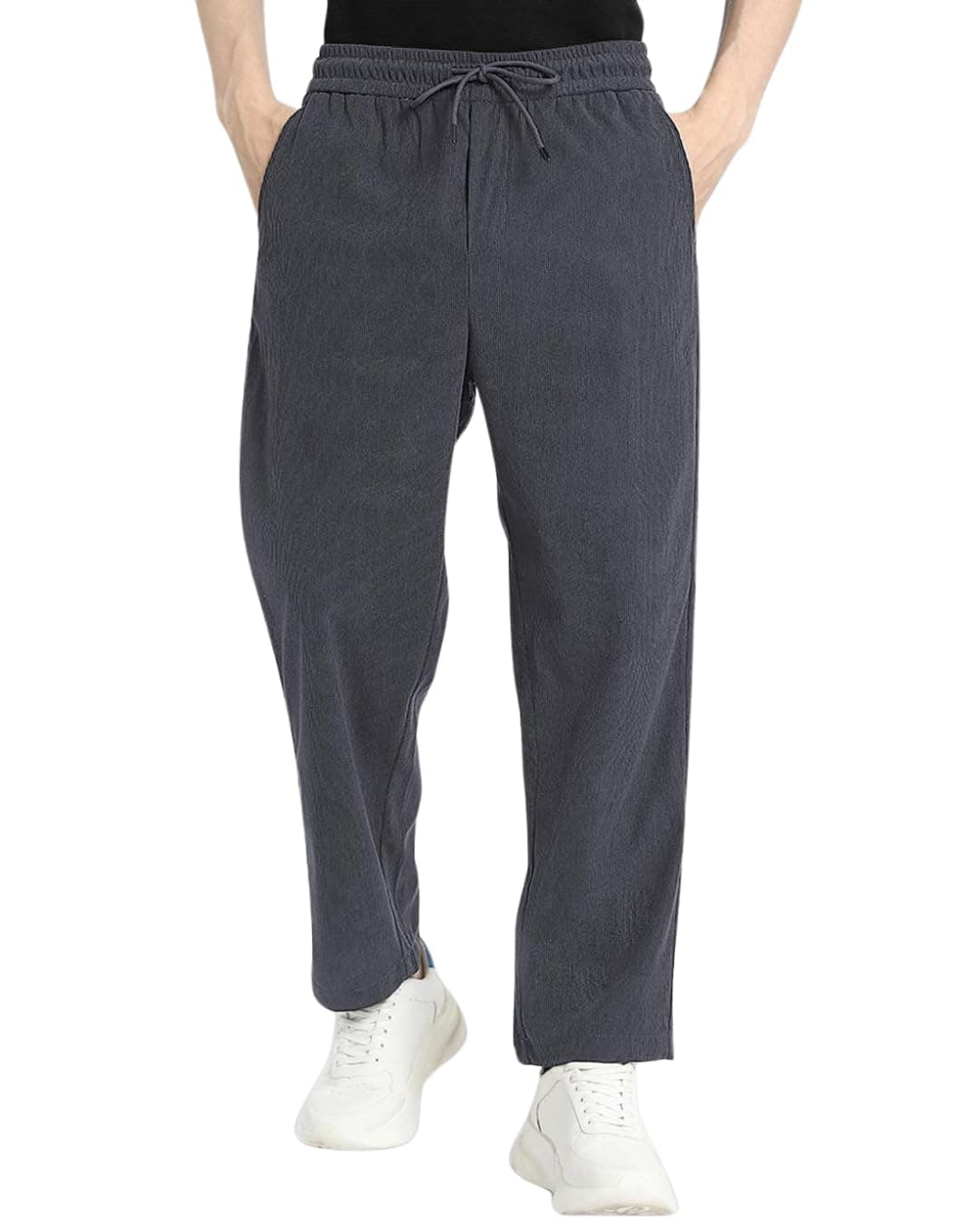 Urban Buccachi Men's Dark Grey Corduroy Track Pants | Retro Self-Design with Flexi Waistband & Mid-Rise Fit | Ankle Length Casual Bottoms for Winter, Travel, Lounge, Office & Outdoor Styling