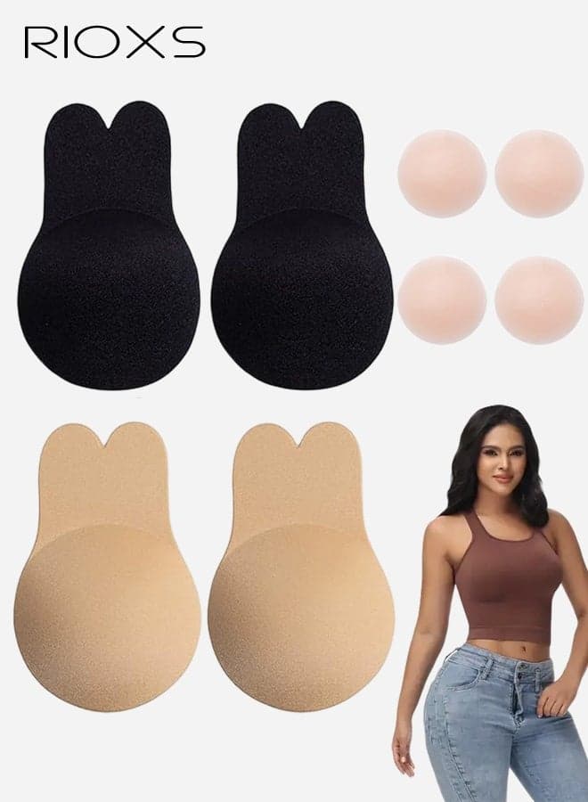 8-Piece Women's Seamless Nipple Covers Set, Push-Up and Lifting Silicone Adhesive Bra, 4 Pairs of Reusable Rabbit-Ear Nipple Covers, 4 Pairs of Sweat-Resistant and Breathable Round Silicone Nipple Covers, Non-Slip Strong Hold with Adjustable Cut, Ultra-Thin Seamless Edge Design, Perfect for Backless