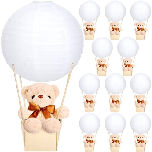 Baquler 12 Sets Baby Shower Hot Air Balloon Table Centerpieces DIY Paper Lanterns Stuffed Plush Bear Wooden Baskets for Wedding Birthday Gender Reveal Beige WhiteSolid Style