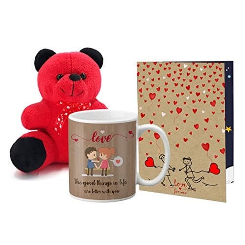 VESPL LOF Valentine Day Gift Printed Mug with Cute Teddy and Greeting Card Combo Gift Set for Girlfriend, Boyfriend, Wife, Husband Beautiful Gift for Your Love