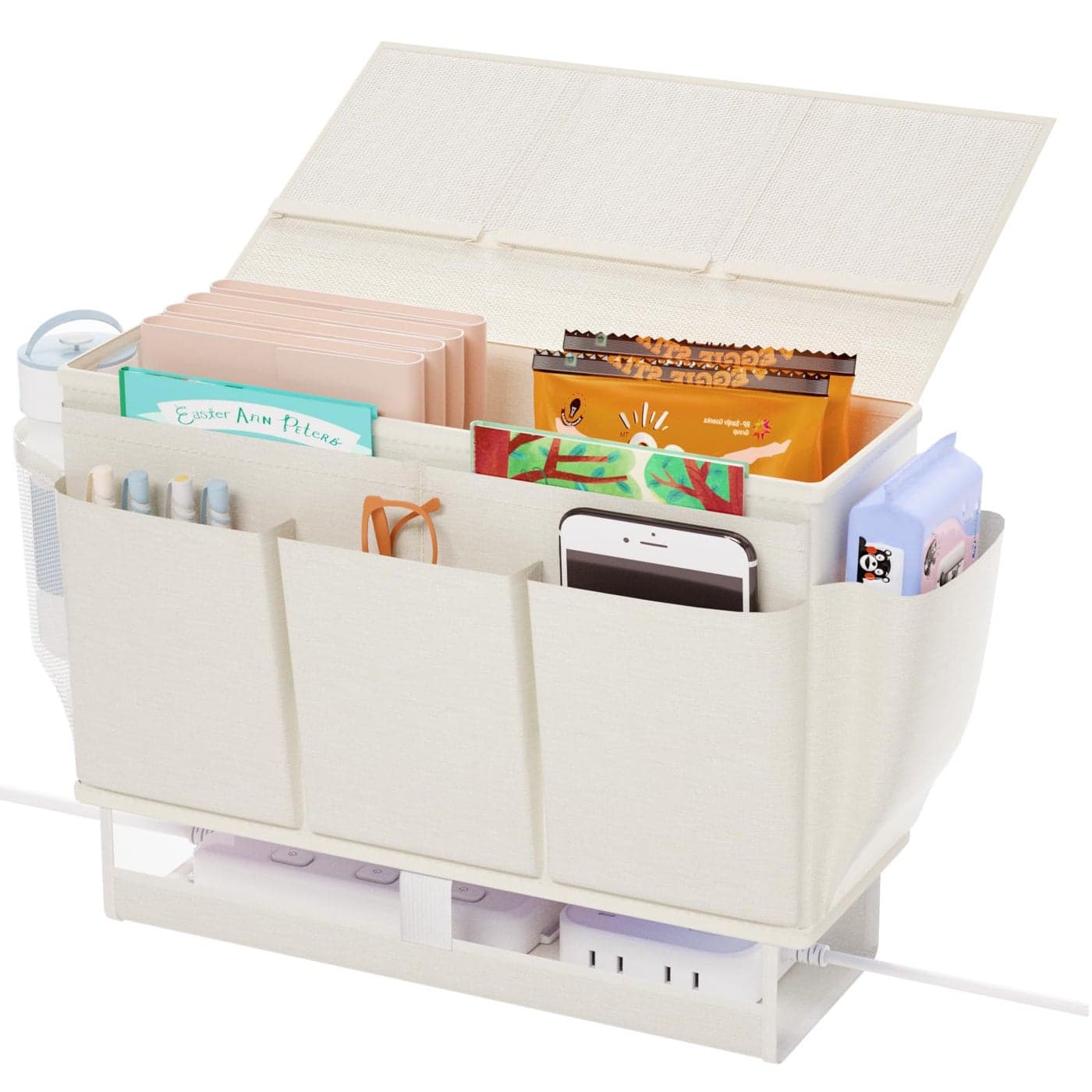 Frjjthchy Bedside Caddy Bedside OrganizerBed Caddy with 11 Pockets and Power Strip HolderVersatile Bedside Storage Caddy for HomeDormBunkHospitalCrib Bed White