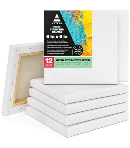 ARTEZA Stretched Canvas, 6 x 6 Inches, Pack of 12, Blank White Square Canvas for Painting for Acrylic, Oil and Gouache Paints