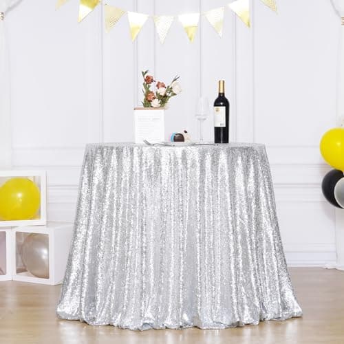 Poise3EHome 120 Inch Round Silver Sequin Tablecloth for Party Cake Dessert Table Exhibition Events