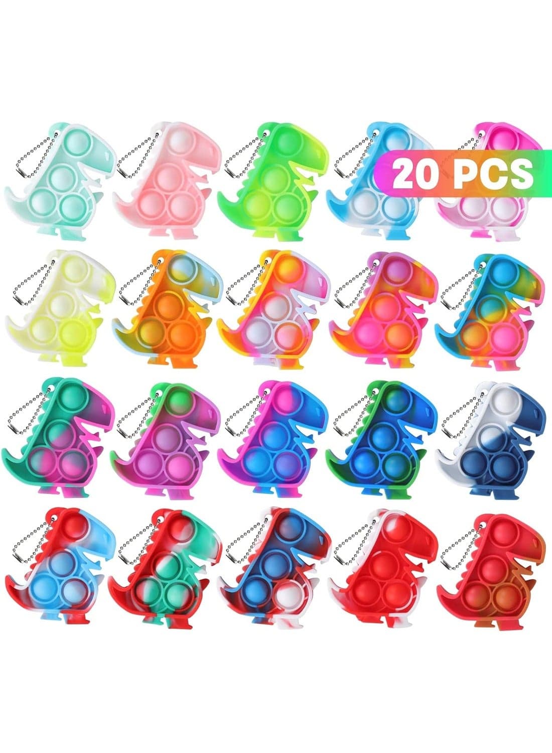 20 Pieces Dinosaur Silicone Keychains, Stress Relief Toy Cartoon Keychains (Random Colors)