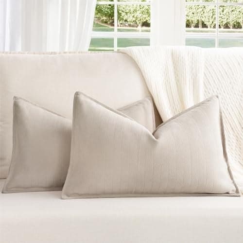 ZWJD Beige Lumbar Pillow Covers 12x20 Set of 2 Chenille Throw Pillow Covers with Elegant Design Soft and Luxurious Decorative Throw Pillows for Couch, Bed, and Home Decor