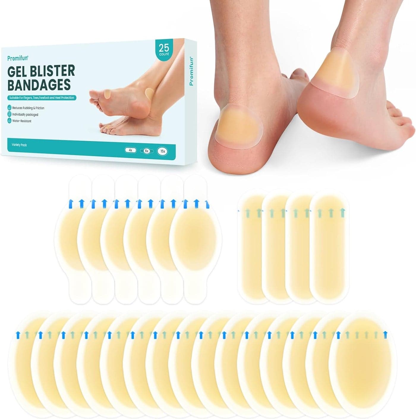 Blister Bandages for Feet Hydrocolloid Bandages Promifun 25ct Water Resistant Gel Blister Cushions Pads for Prevention Recovery Variety Pack