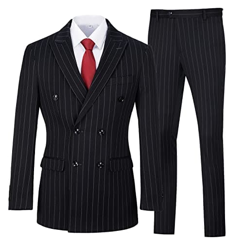 Mens Tuxedo Suit Set 3 Piece Striped Business Suits for Men Navy Dress Suit Jacket Vest and Pants Set,XS