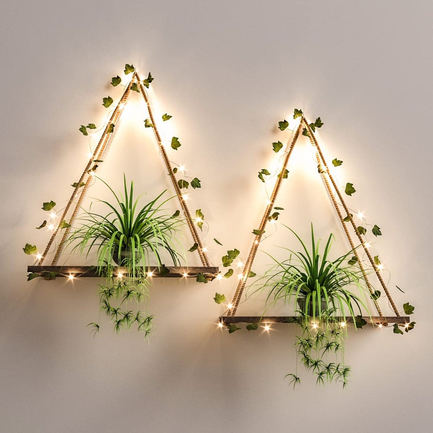 RICHER HOUSE Artificial Ivy LEDStrip Wall Hanging Shelves Set of 2 Macrame Shelf for Bedroom Bathroom Living Room Kitchen Wood Hanging Plant Shelves for Wall Dcor