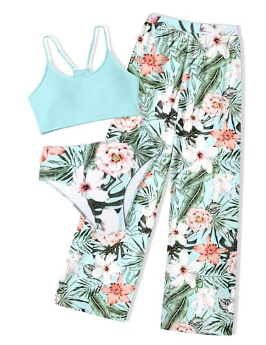 NECIOUS Teen Girls Swimsuit Size 10-12 Girls Bathing Suit Size 10 12 Mint Green 3 Piece Swimwear High Waist Cover Up Pants Swim Cute Bikini Sets