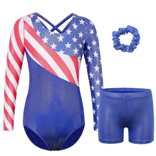 BAOHULU Gymnastics Leotards for Girls Long Sleeve Sparkly Red White Blue Stars Dance Outfit with Matching Shorts Set US_KHB375_US_12A