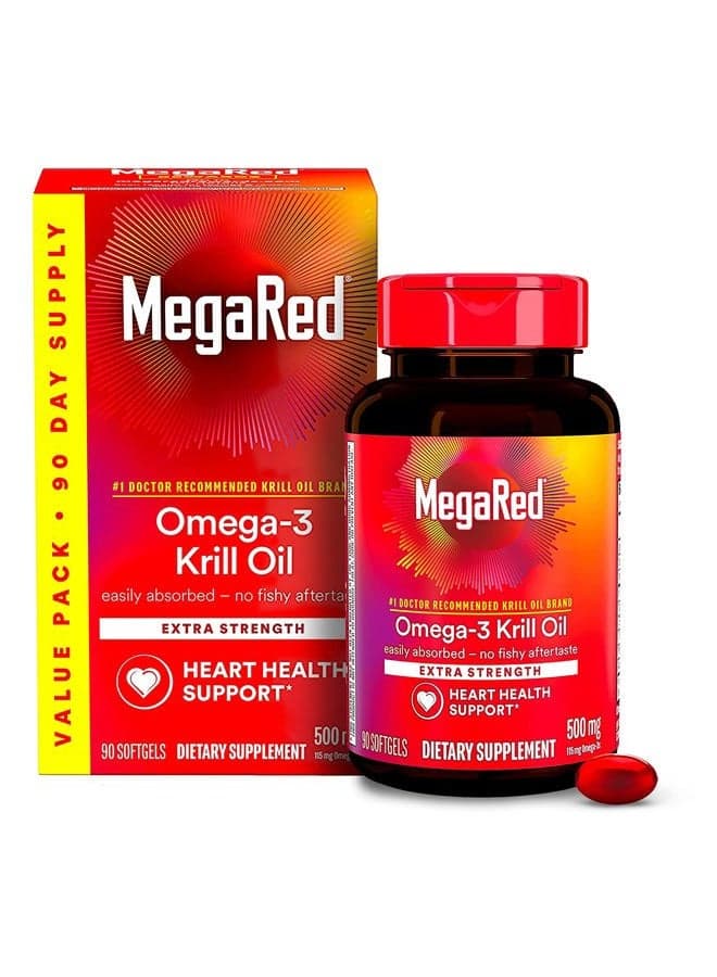 Antarctic Krill Oil 500mg Omega 3 Fatty Acid Supplement, Extra Strength EPA & DHA Krill Oil Softgels (90cnt Box), Astaxanthin, Heart Health Supplement with No Fish Oil Aftertaste