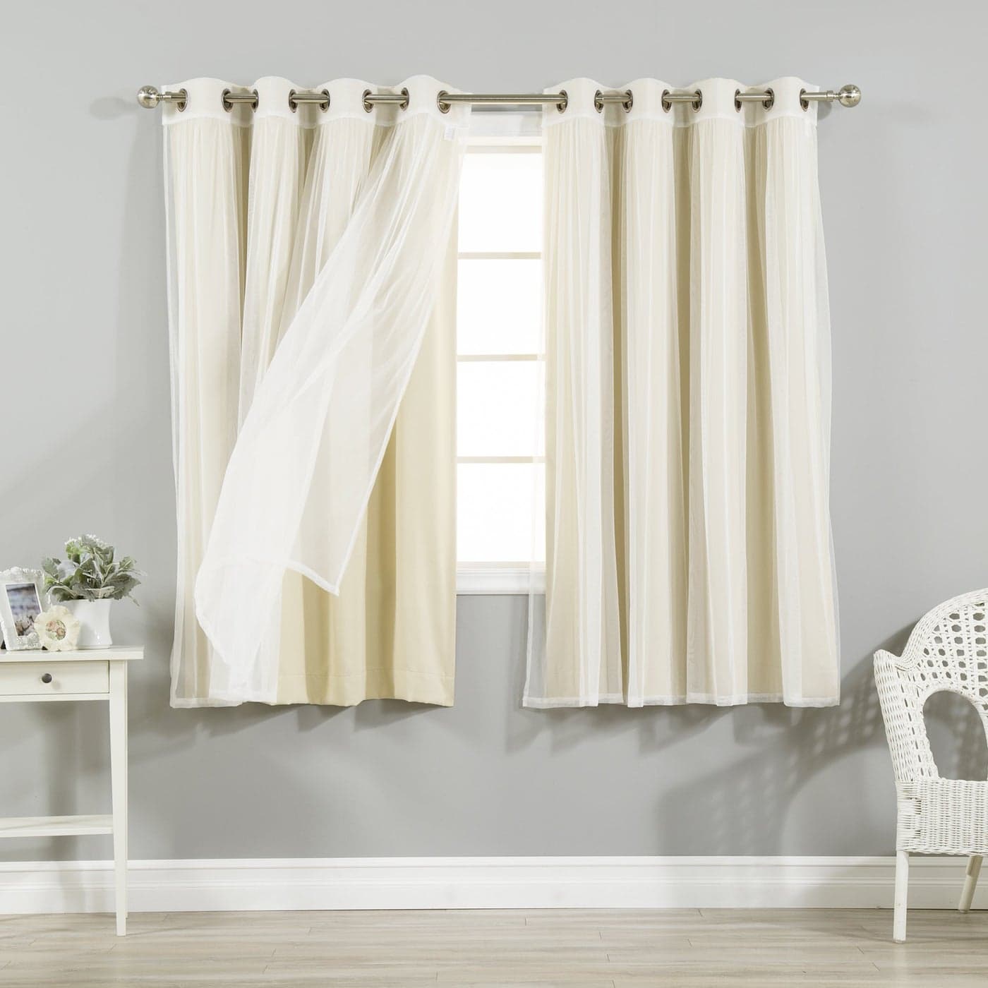 Best Home Fashion Mix Match Tulle Sheer Lace and Blackout Curtain Set Stainless Steel Nickel Grommet Top Beige 52W x 63L 2 Curtains and 2 Sheer curtains