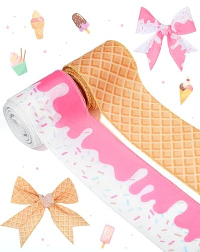 Liobelon 2 Rolls Ice Cream Cone Wired Edge Ribbon Summer Ribbons Pink Sprinkles Craft Fabric Ribbon 25 Wide 10 Yards Dessert Ribbons for Wreath Bow DIY Wrapping Bows Pink
