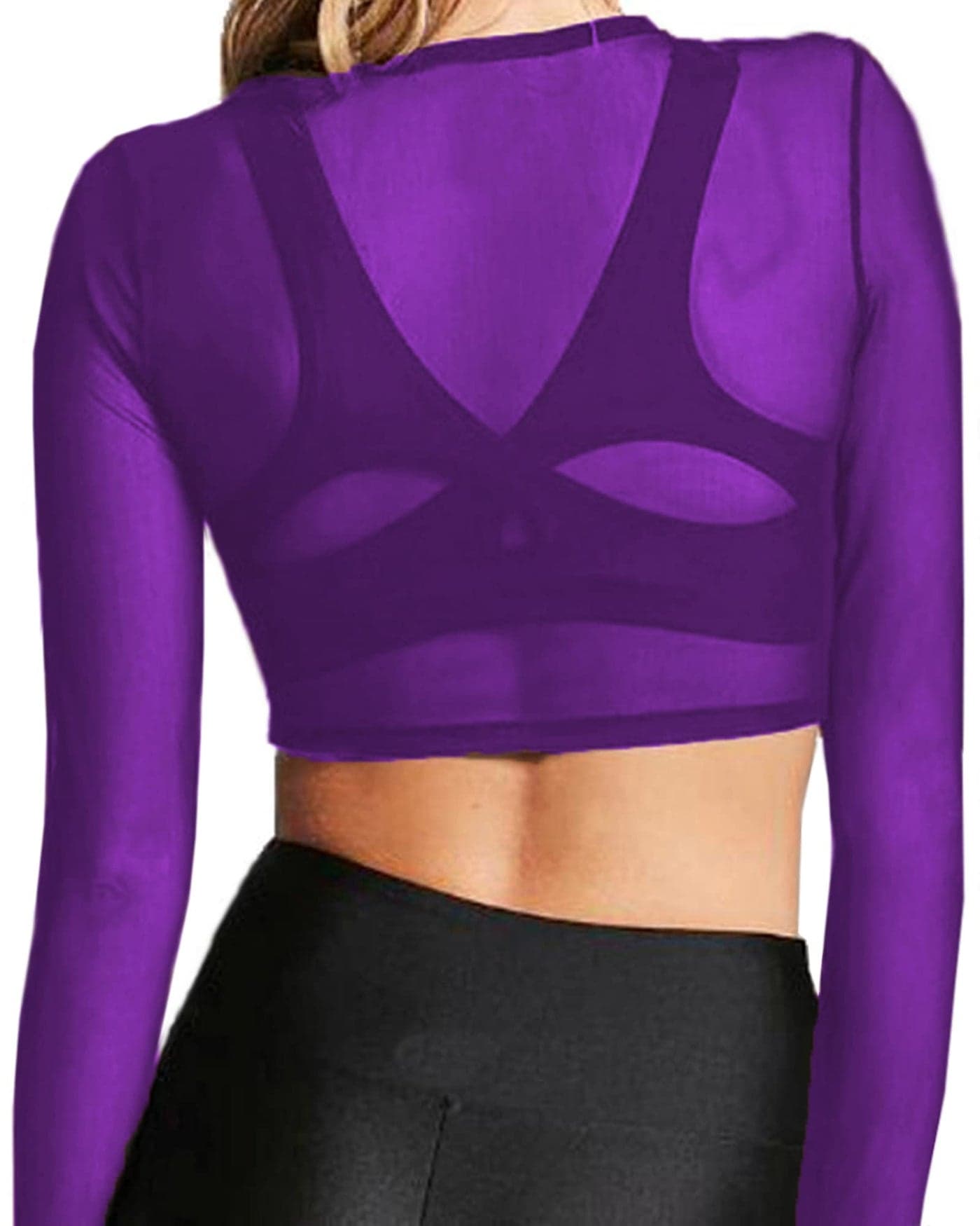 BelleLovin Women's Sheer Mesh Long Sleeve Crop Top Sexy Tee Blouse (Purple, Medium)