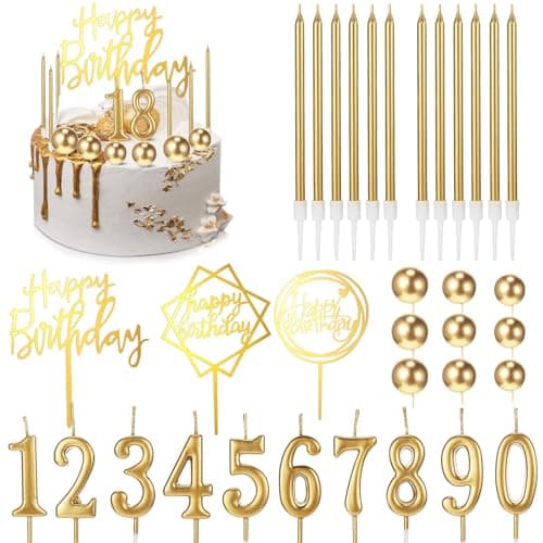Yerliker 34 Pcs Happy Birthday Cake Toppers Decorations Birthday Candles DIY Cake Decor for Men Women Wedding Anniversary(Gold)