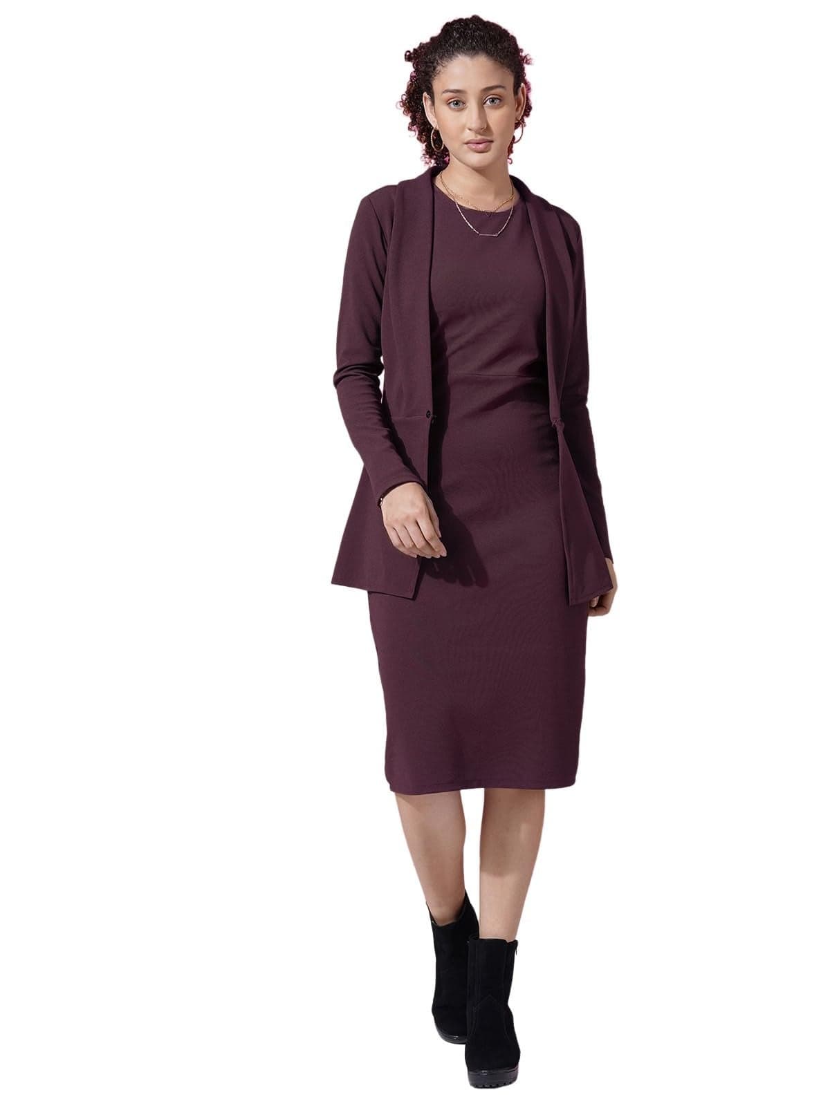 Selvia Western Lycra Plain Two Piece Shrug with Bodycon (713DTK11714N-XL_Dusry Wine)