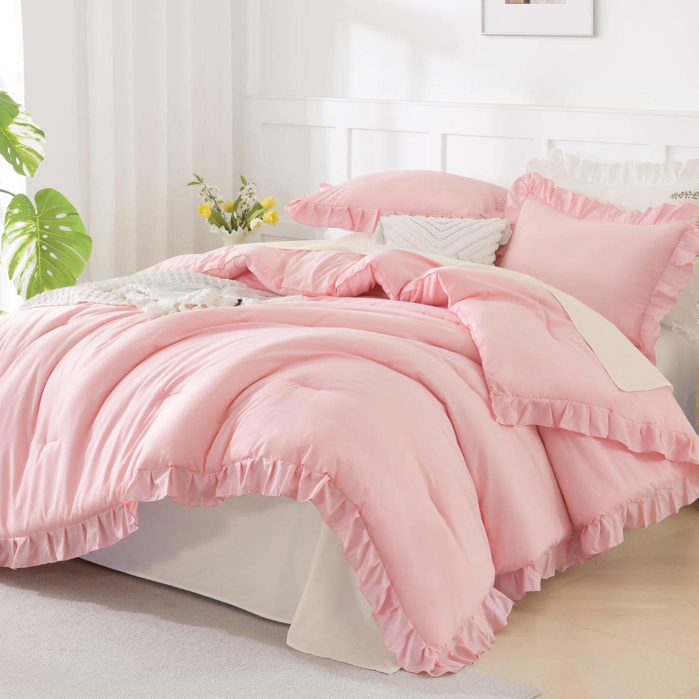 Andency Pink Comforter Set Full 3 Pieces Lightweight Soft Rustic Pink Ruffle Comforter Women Girls Solid Farmhouse Shabby Chic Microfiber Bedding Comforter Set