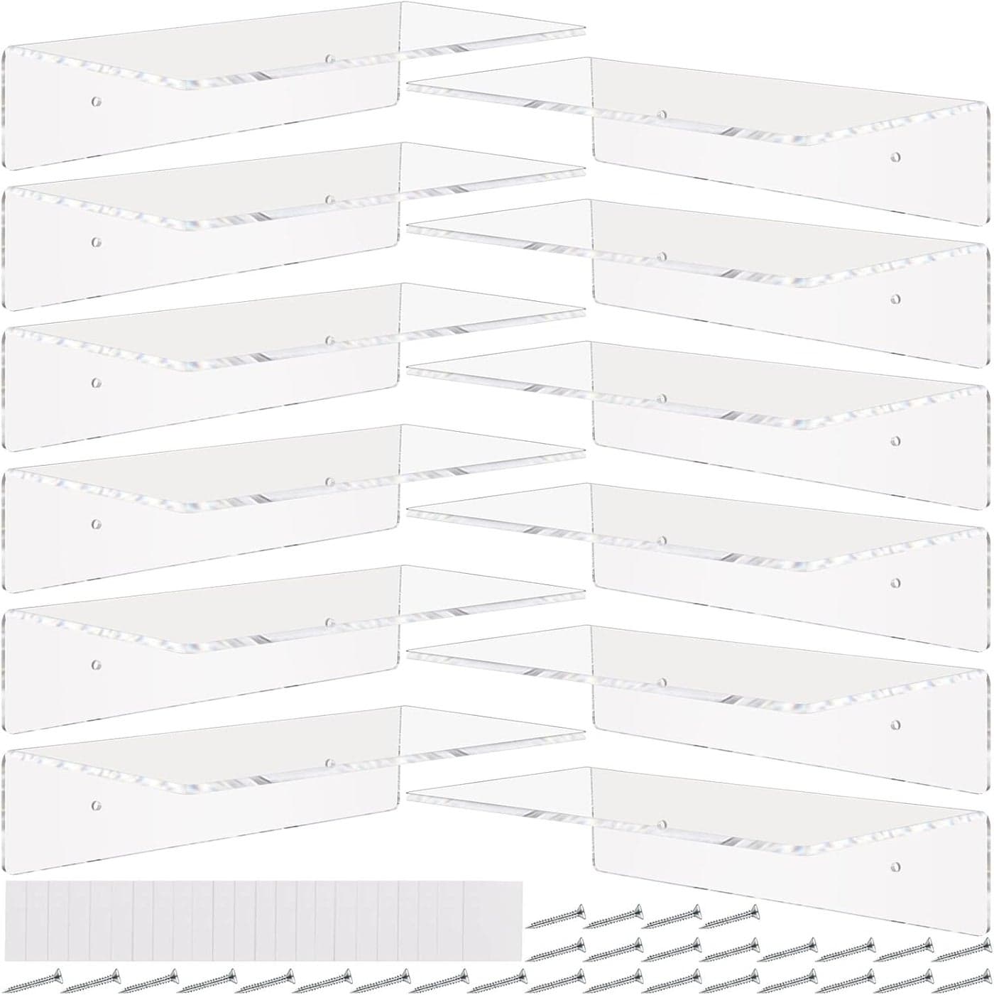 12 Pack Acrylic Floating Shelves 12 Inch Clear Acrylic Shelf Wall Display 4 mm Thick Invisible Book Shelves for Bedroom Living Room Bathroom Office